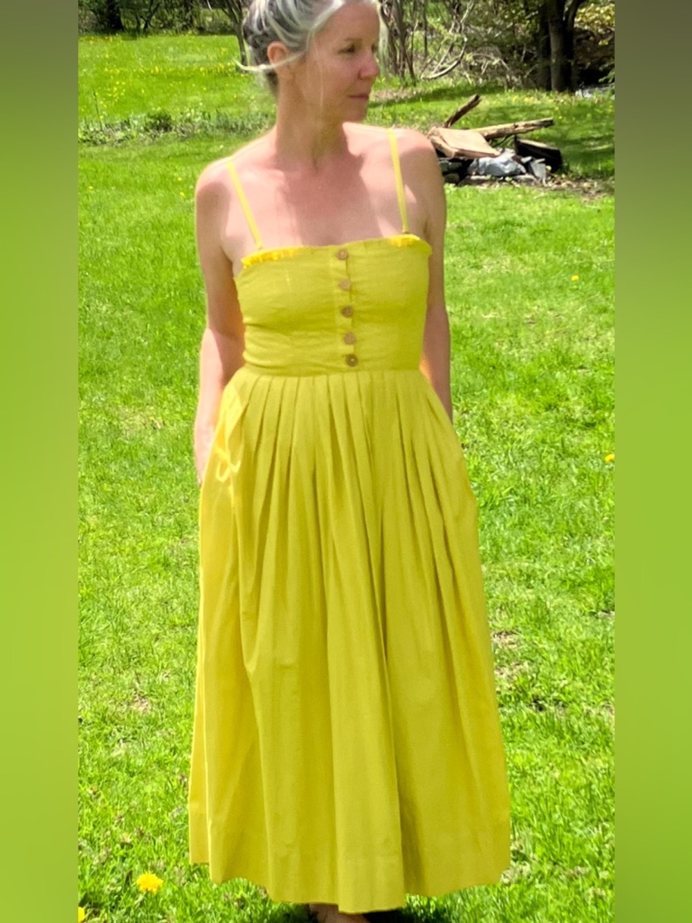 Vintage Yellow Spaghetti-Strap Midi Dress with Button Bodice